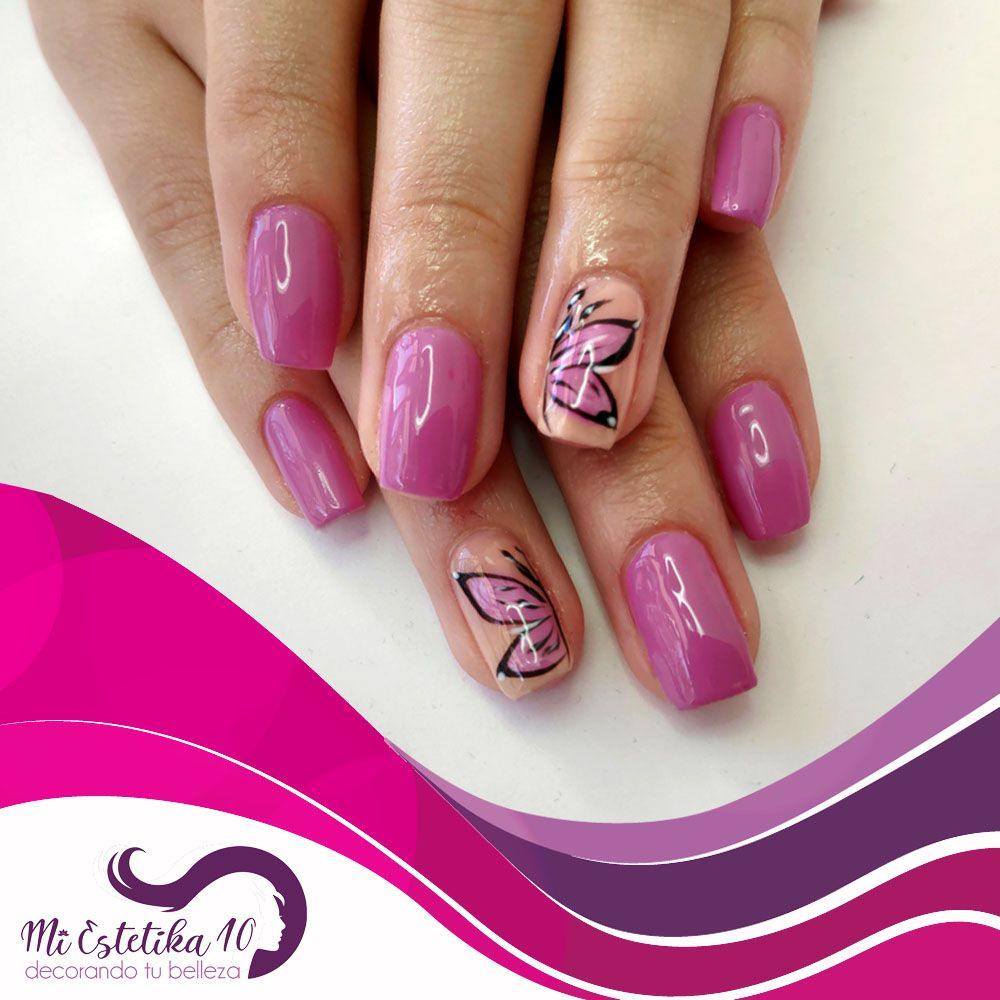 Unas-semipermanentes-moradas-con-mariposas-Nail-Art